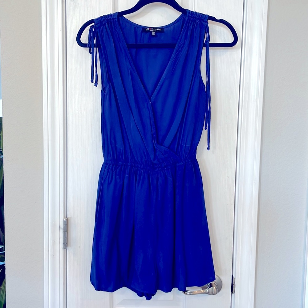 Royal Blue Lined Sleeveless Romper with pockets One Clothing